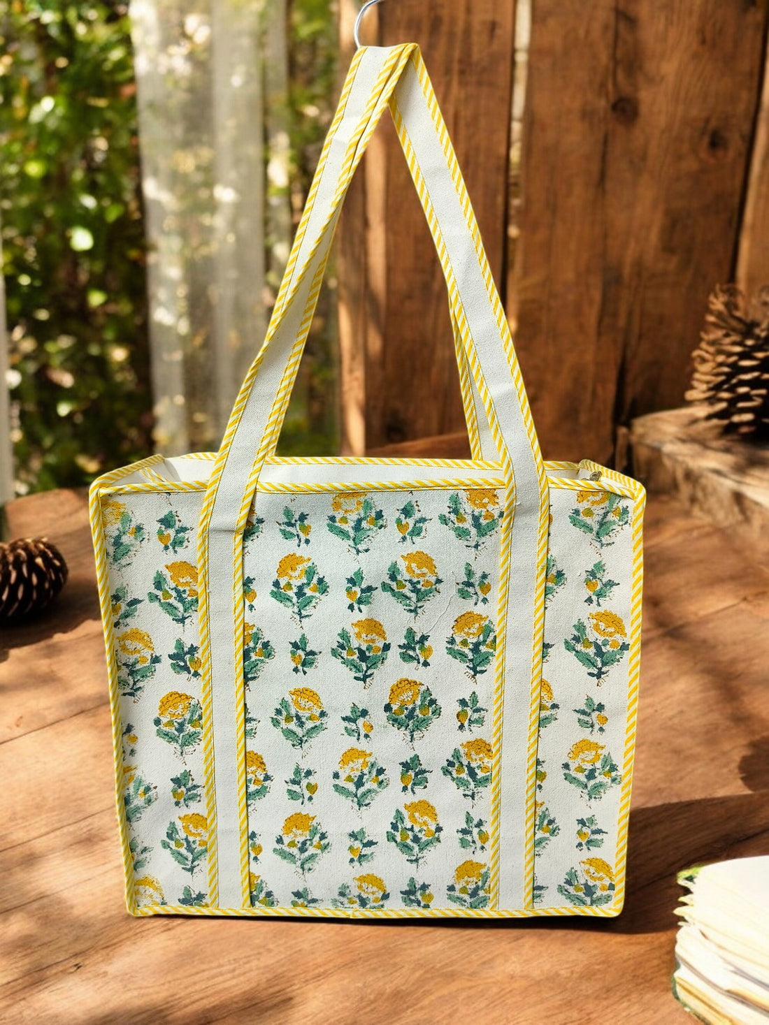 Canvas Hand Block multipurpose hand bag (With Zipper closure) (Yellow Flowers)