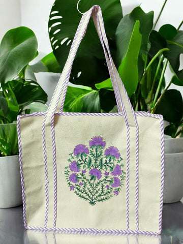 Canvas Hand Block multipurpose hand bag (With Zipper closure) (Purple Bouquet)