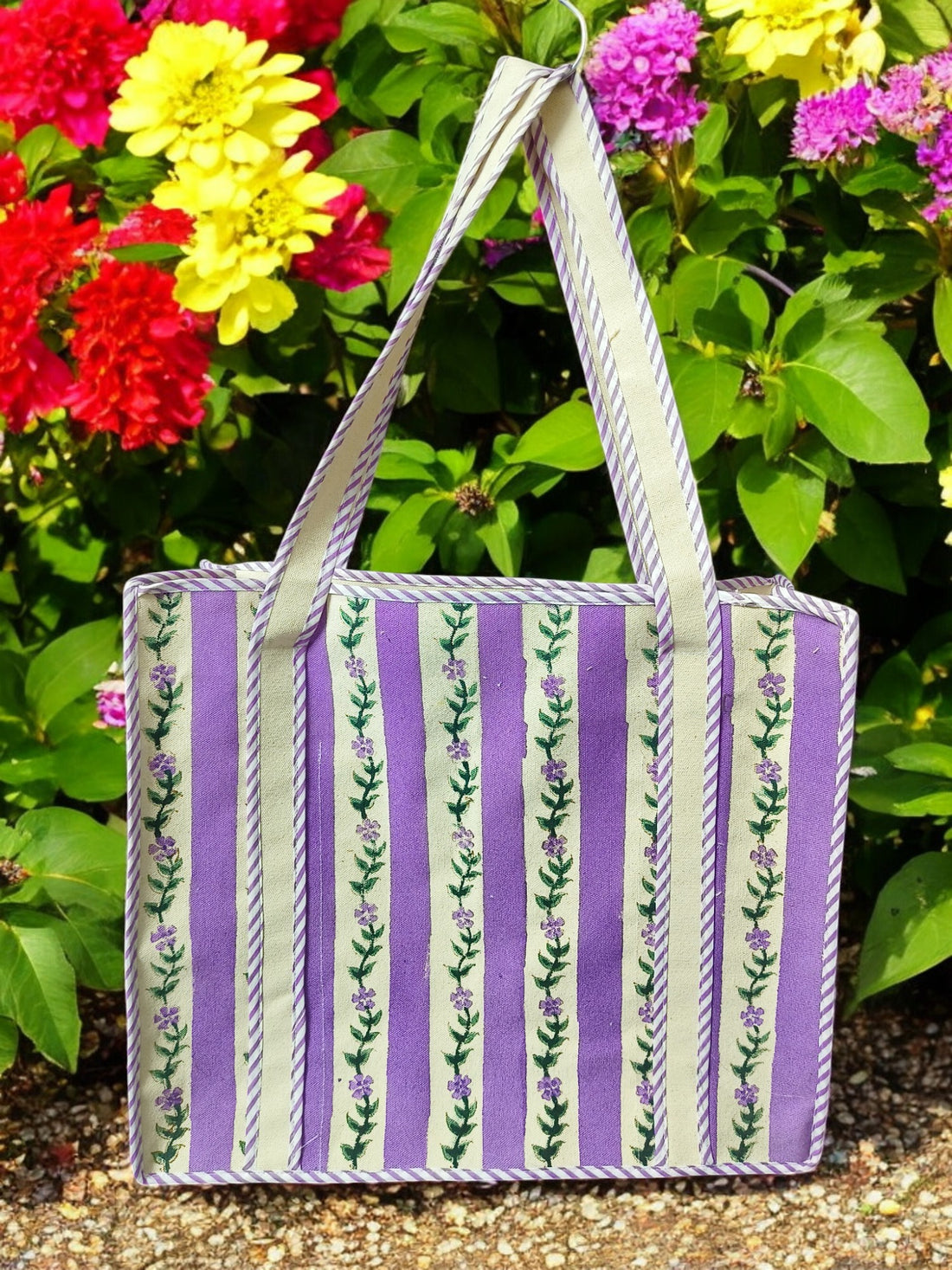 Canvas Hand Block multipurpose hand bag (With Zipper closure) (Purple Bouquet)