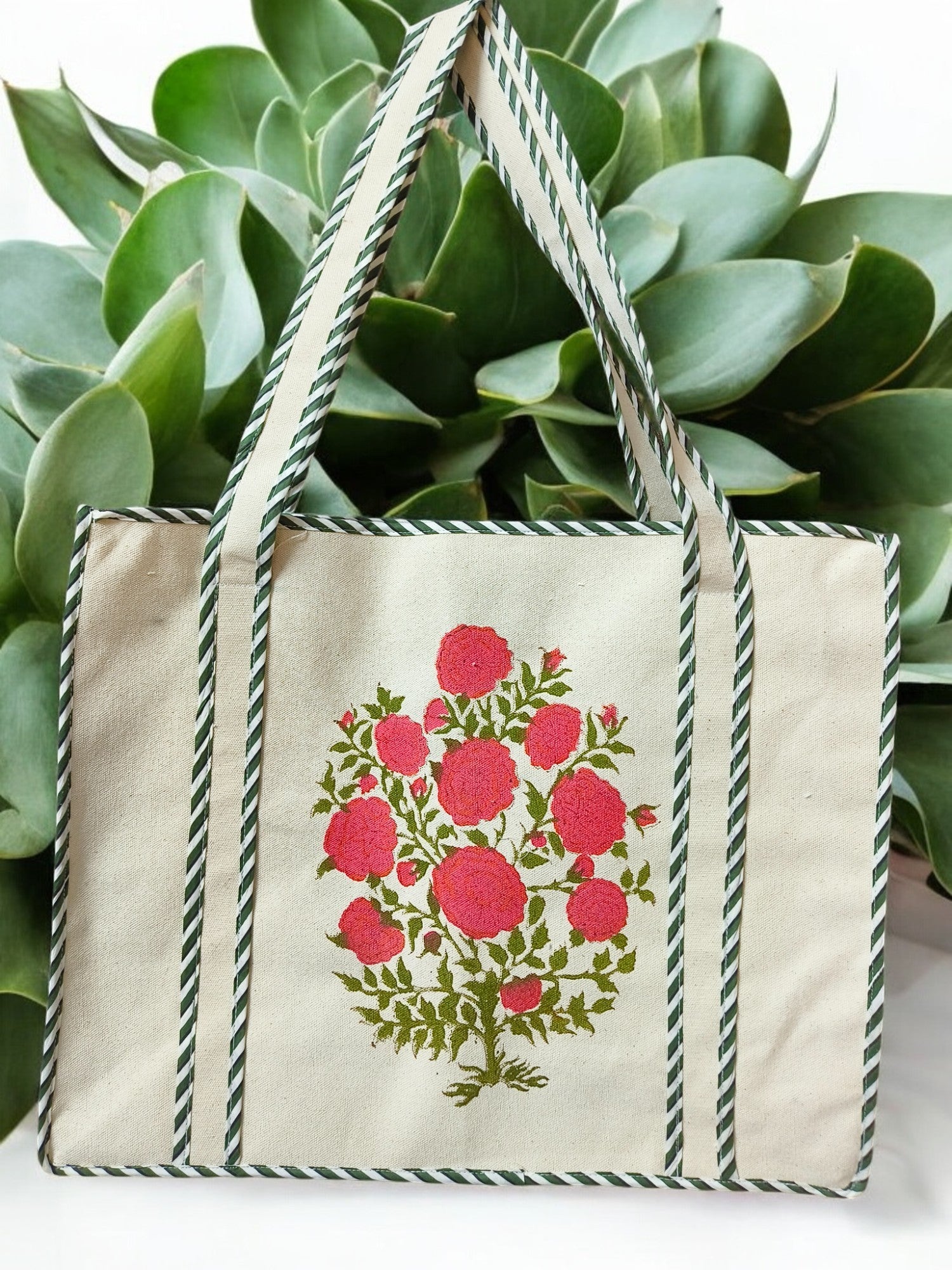 Canvas Hand Block multipurpose hand bag (With Zipper closure) (Pink Flowers)