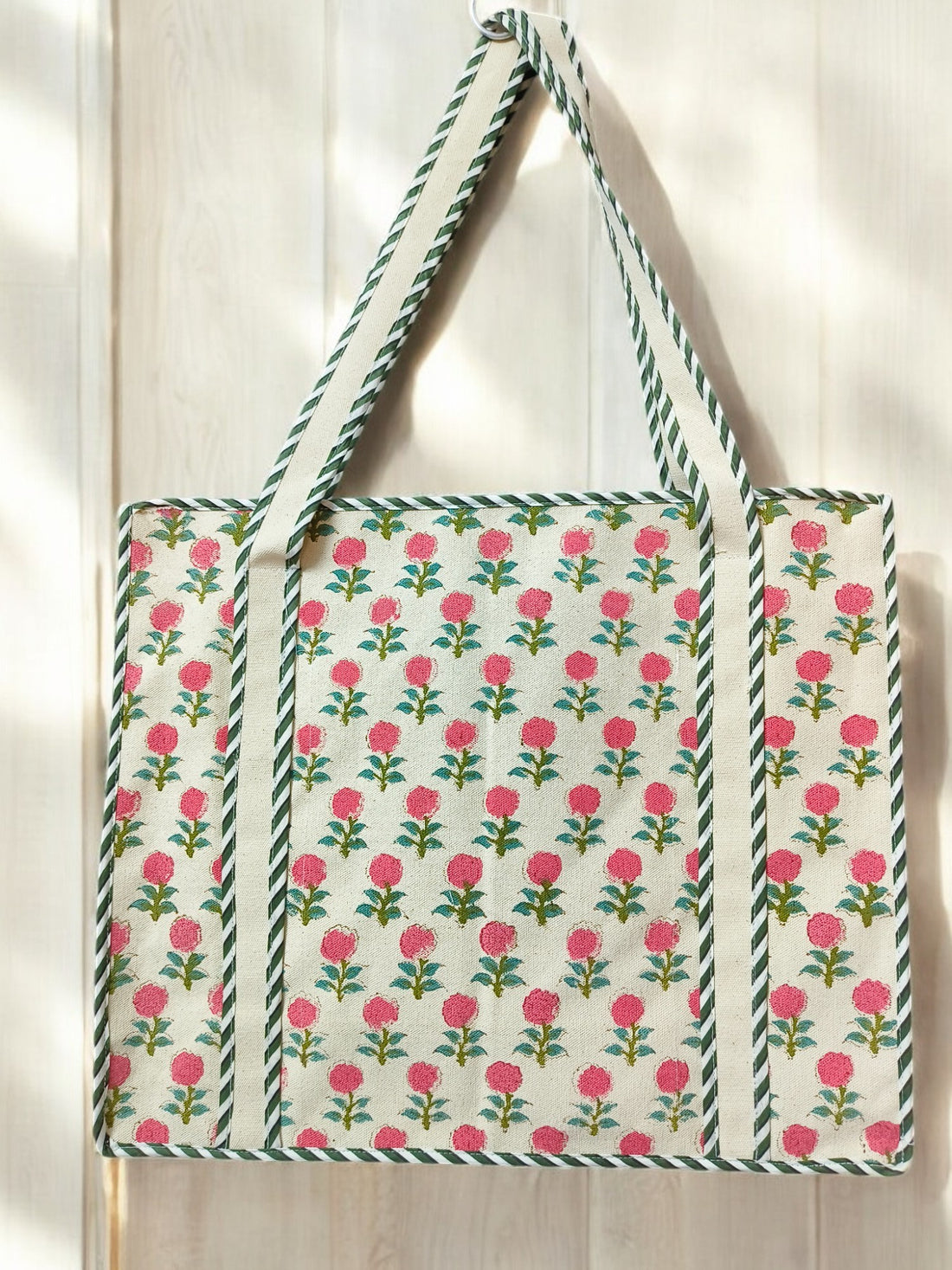 Canvas Hand Block multipurpose hand bag (With Zipper closure) (Pink Flowers)