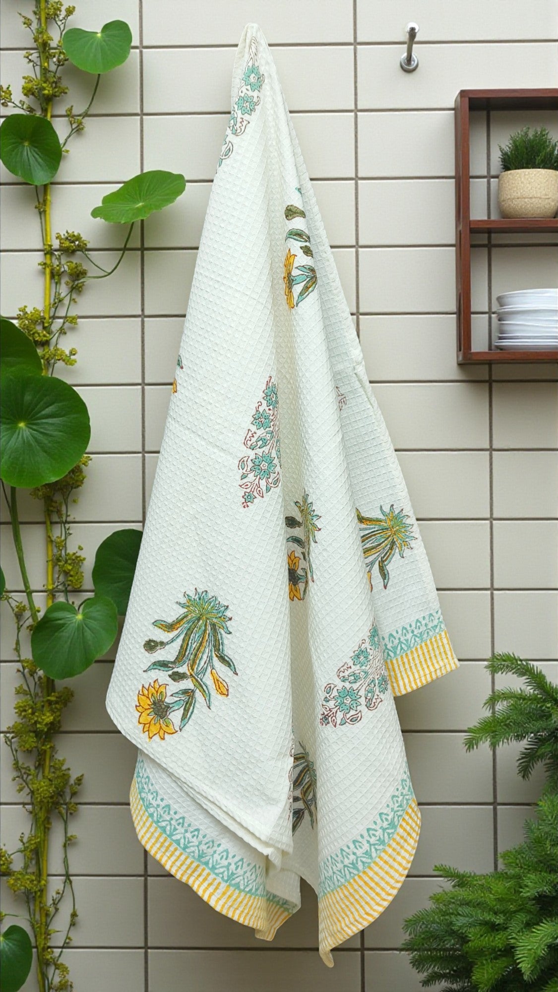 Hand Block Cotton Honeycomb Towel (Yellow Flower)