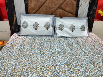 Hand Block Percale Cotton Premium King Size Bedsheet (Blue Mustard Jaal)