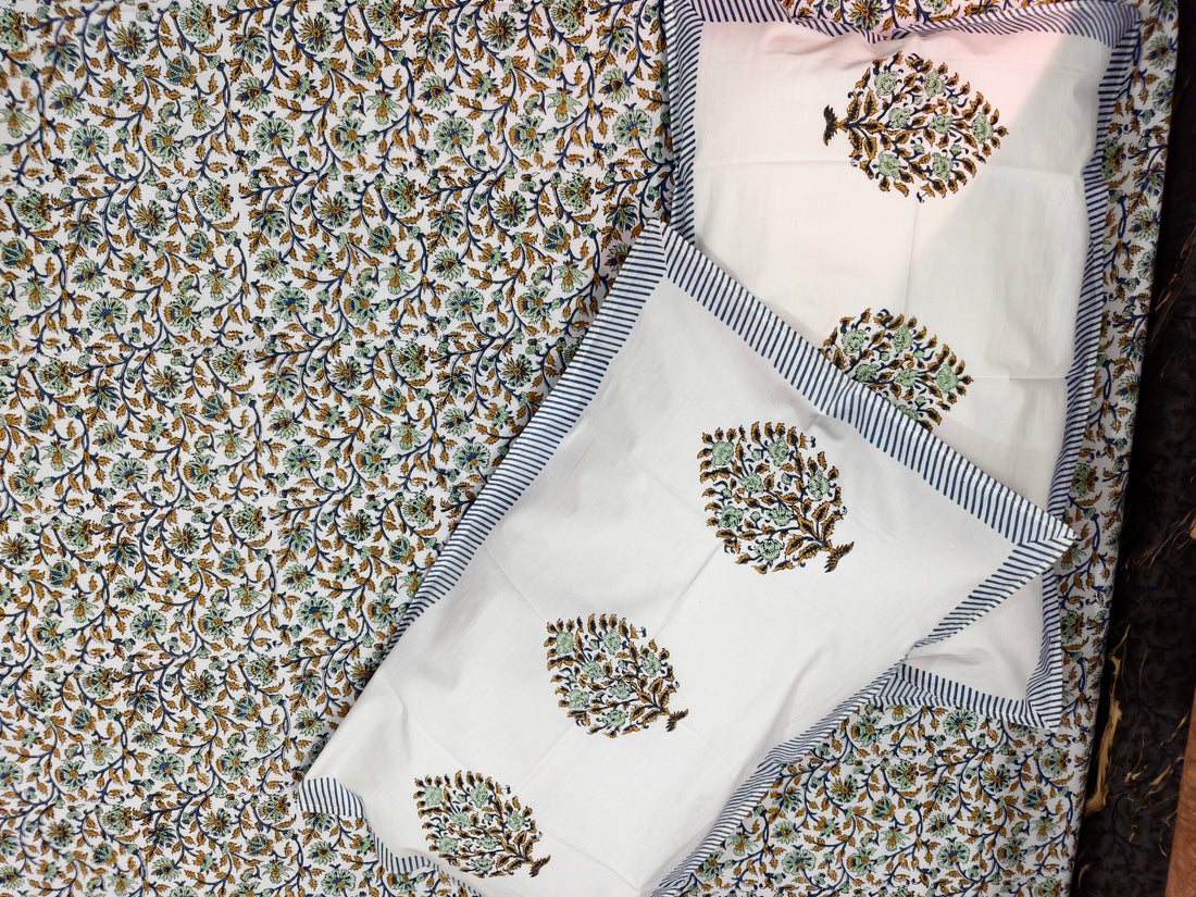 Hand Block Percale Cotton Premium King Size Bedsheet (Blue Mustard Jaal)