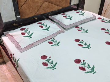 Hand Block Percale Cotton Premium King Size Bedsheet (Bada Phool)