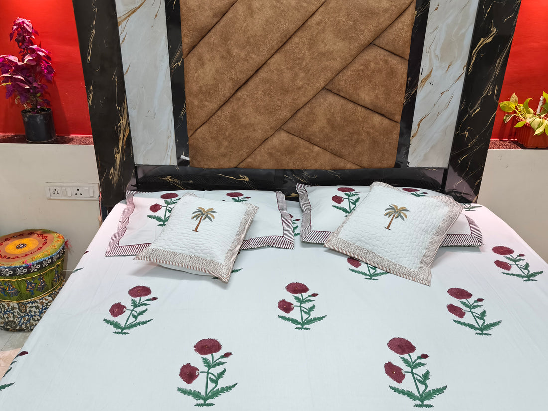 Hand Block Percale Cotton Premium King Size Bedsheet (Bada Phool)