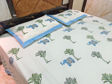 Hand Block Percale Cotton Premium King Size Bedsheet (Blue Elephant)