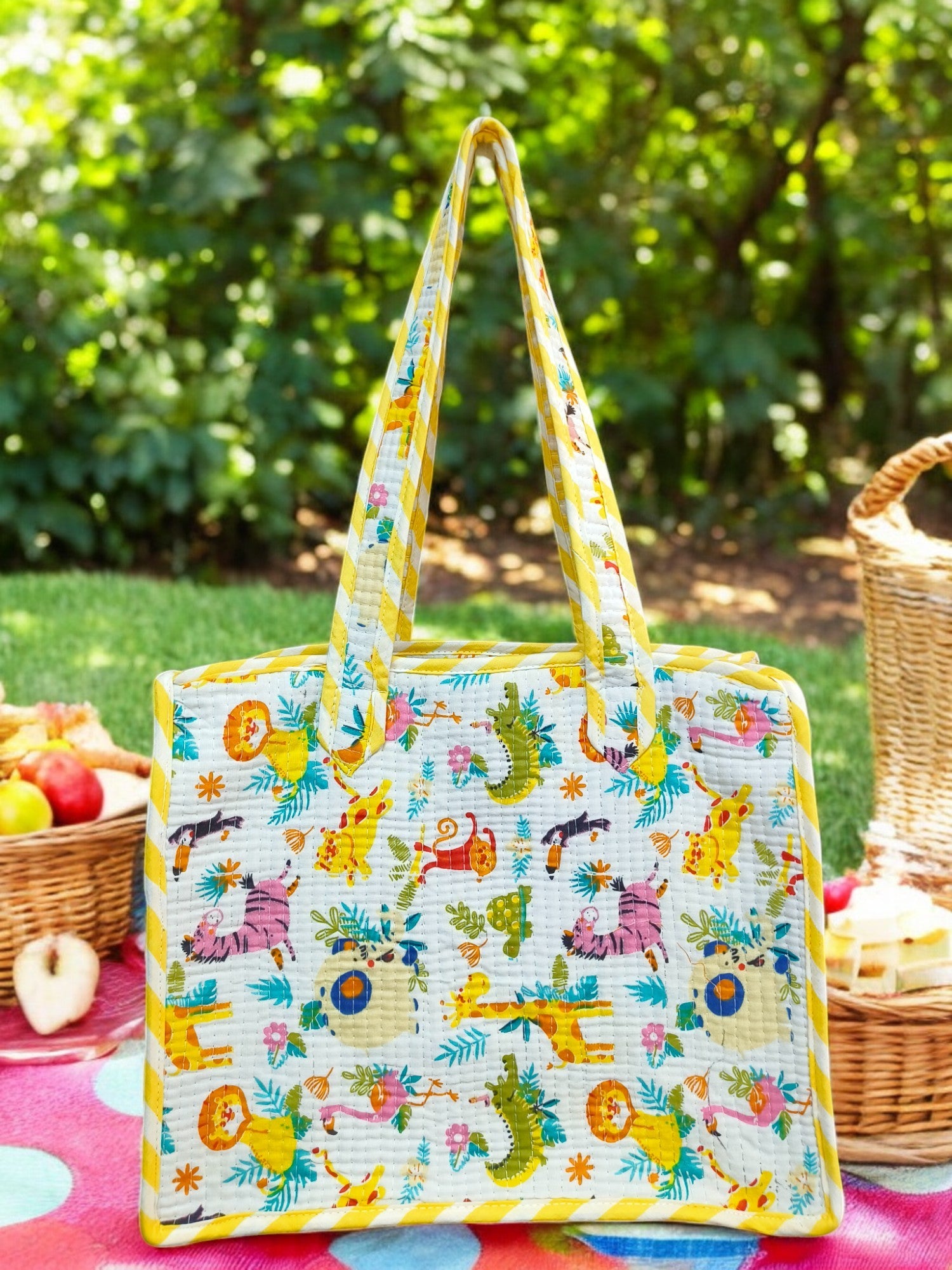 Hand Block Quilted Tote Picnic/ Tiffin/ Multipurpose Bag (kids Series)