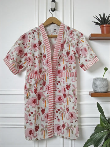 Hand Block Waffle Cotton Kids Bathrobe (Pink Elephant)