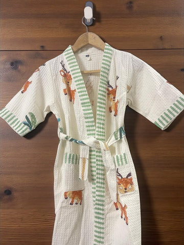 Hand Block Waffle Cotton Kids Bathrobe (Reindeer Print)