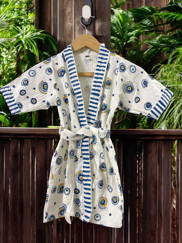 Hand Block Waffle Cotton Kids Bathrobe (Evil Eye Print)