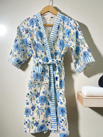 Hand Block Waffle Cotton Kids Bathrobe (Blue Elephant)