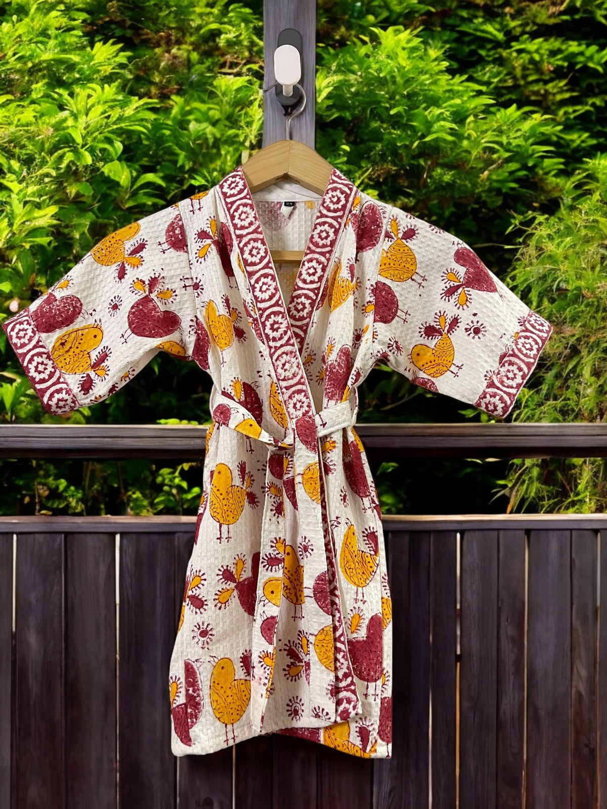 Hand Block Waffle Cotton Kids Bathrobe (Colorful Birdie)