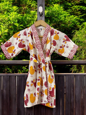 Hand Block Waffle Cotton Kids Bathrobe (Colorful Birdie)