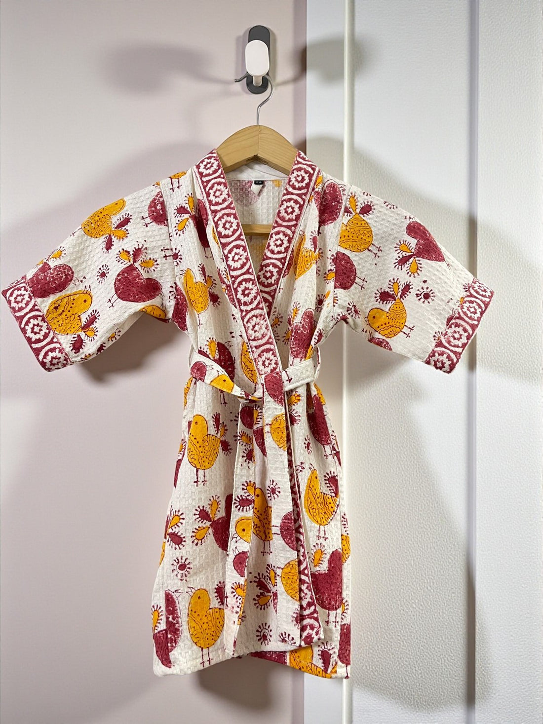 Hand Block Waffle Cotton Kids Bathrobe (Colorful Birdie)