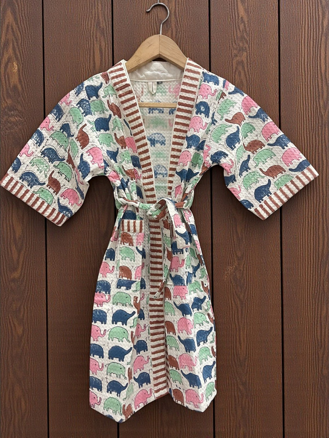 Hand Block Waffle Cotton Kids Bathrobe (Elephant Print)
