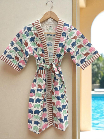 Hand Block Waffle Cotton Kids Bathrobe (Elephant Print)