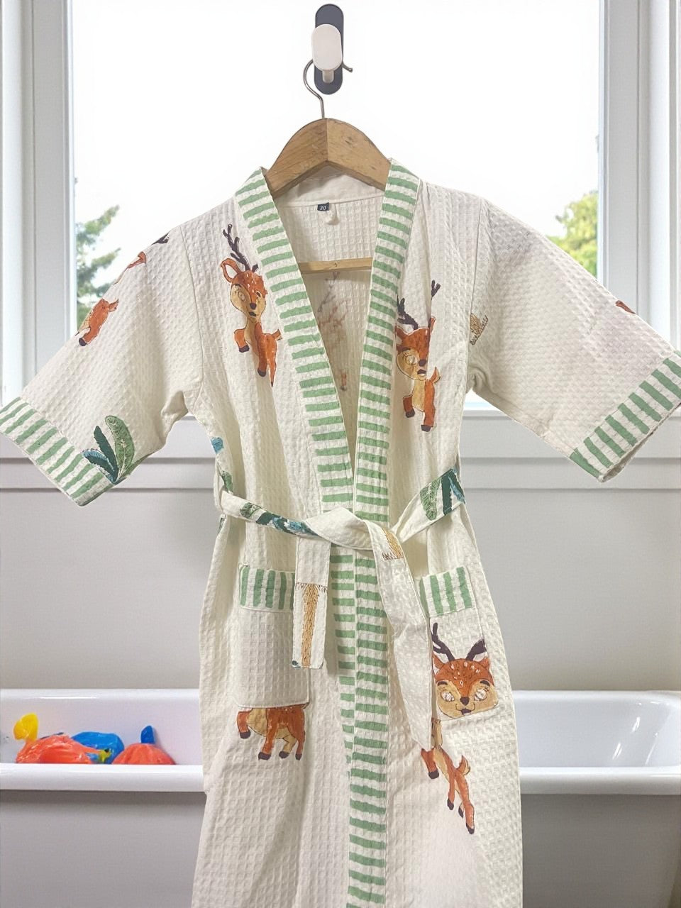 Hand Block Waffle Cotton Kids Bathrobe (Reindeer Print)