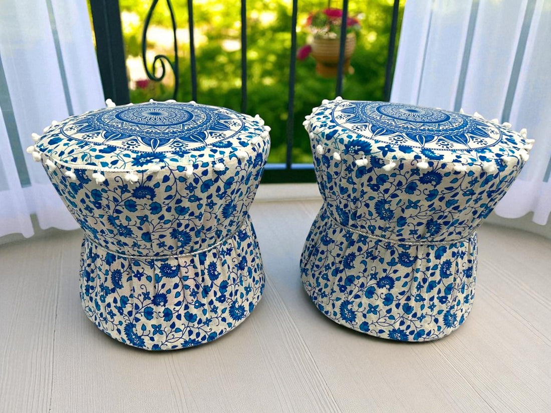 Rajasthani Mudda/Bamboo Traditional Style Stool Cover  - MD16 - Size 17x18 Inches (Set of 2 Pieces, Cover Only,