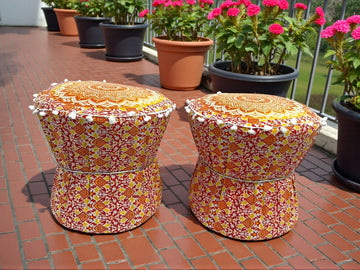 Rajasthani Mudda/Bamboo Traditional Style Stool Cover  - Size 17x18 Inches (Set of 2 Pieces, Cover Only, Orange Ombre))