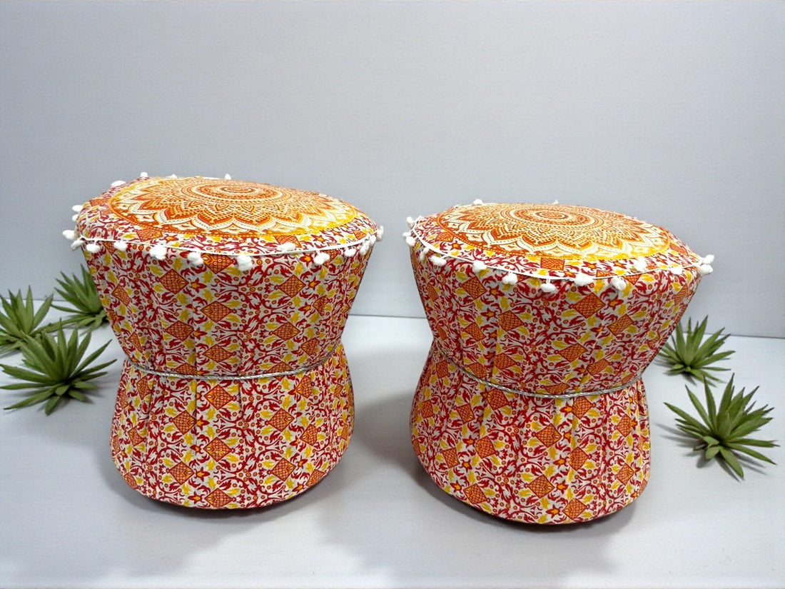 Rajasthani Mudda/Bamboo Traditional Style Stool Cover  - Size 17x18 Inches (Set of 2 Pieces, Cover Only, Orange Ombre))