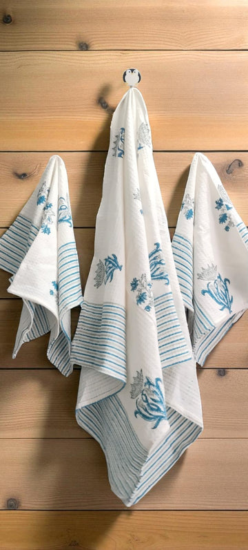 Hand Block Cotton Honeycomb Towel Set (1 Bath Towel 2 Hand Towels)-Neela Boota