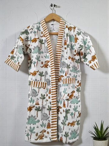 Hand Block Waffle Cotton Kids Bathrobe (New Dino)