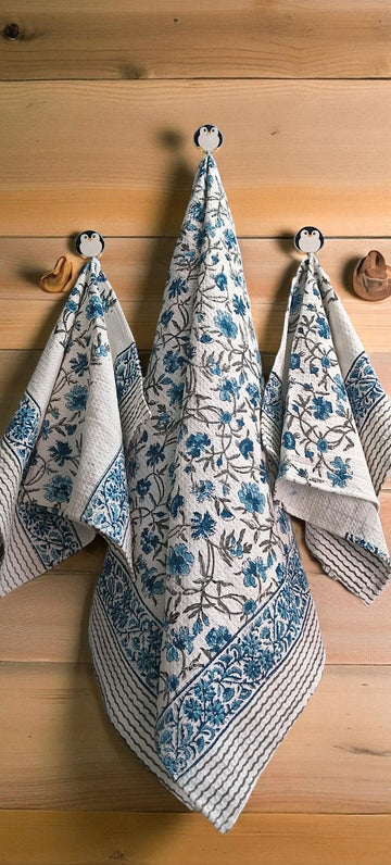 Hand Block Cotton Honeycomb Towel Set (1 Bath Towel 2 Hand Towels)- Blue Floral