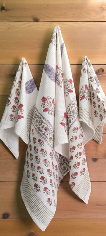 Hand Block Cotton Honeycomb Towel Set (1 Bath Towel 2 Hand Towels)-Purple Cyprus
