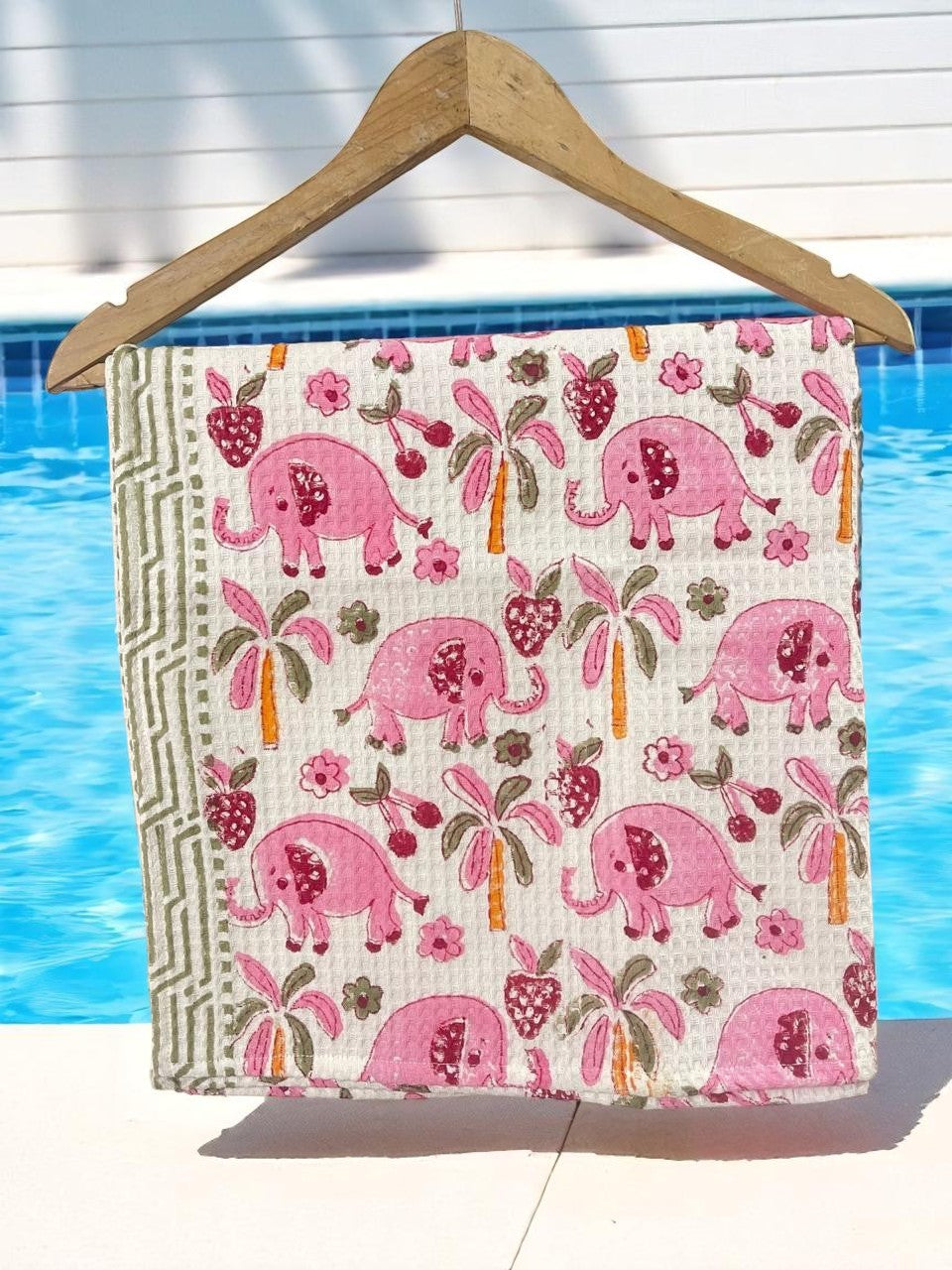 Hand Block Cotton Honeycomb Towel Kids Design (Pink Elephant)