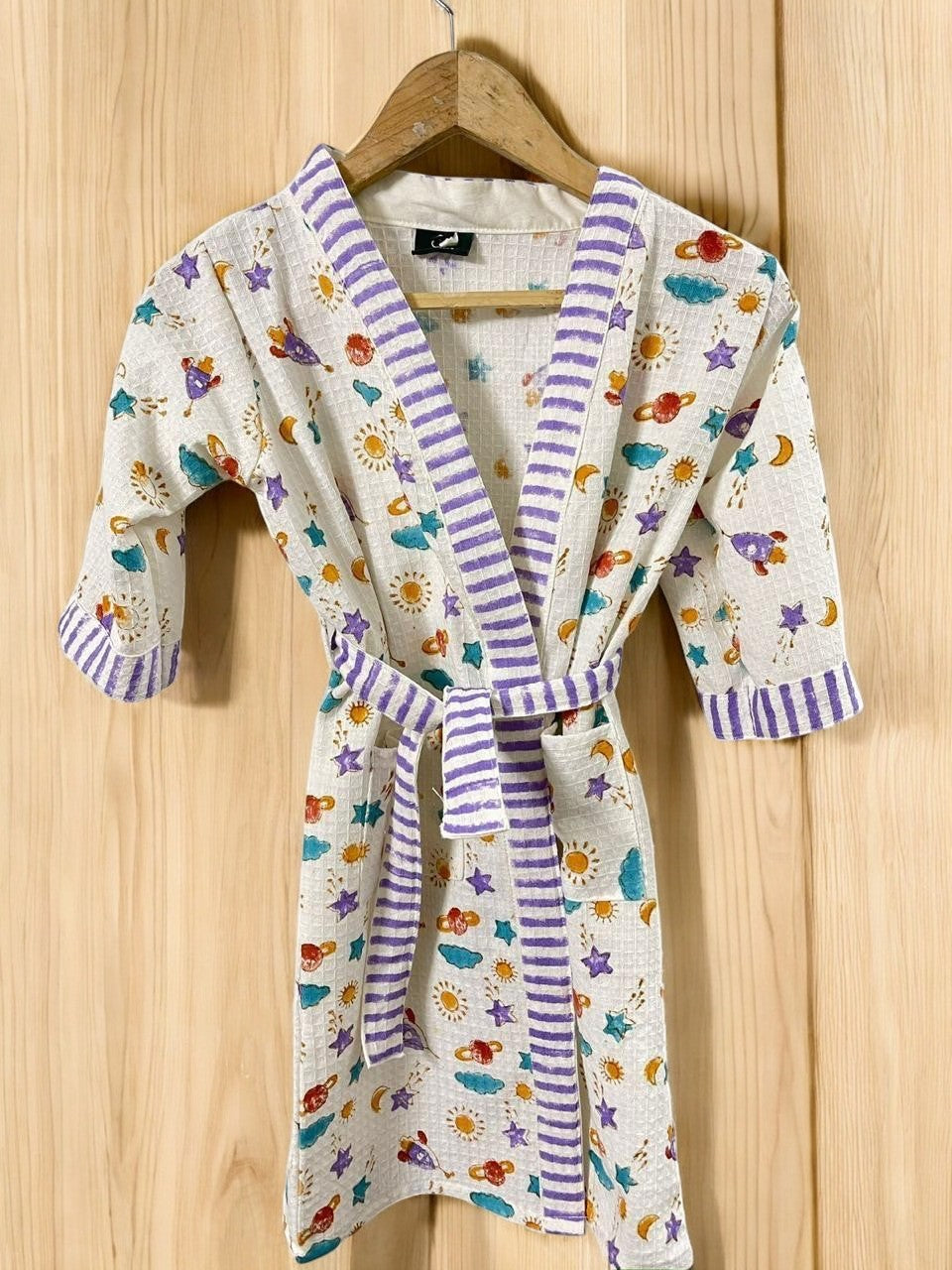 Hand Block Waffle Cotton Kids Bathrobe (Space Fun Print)