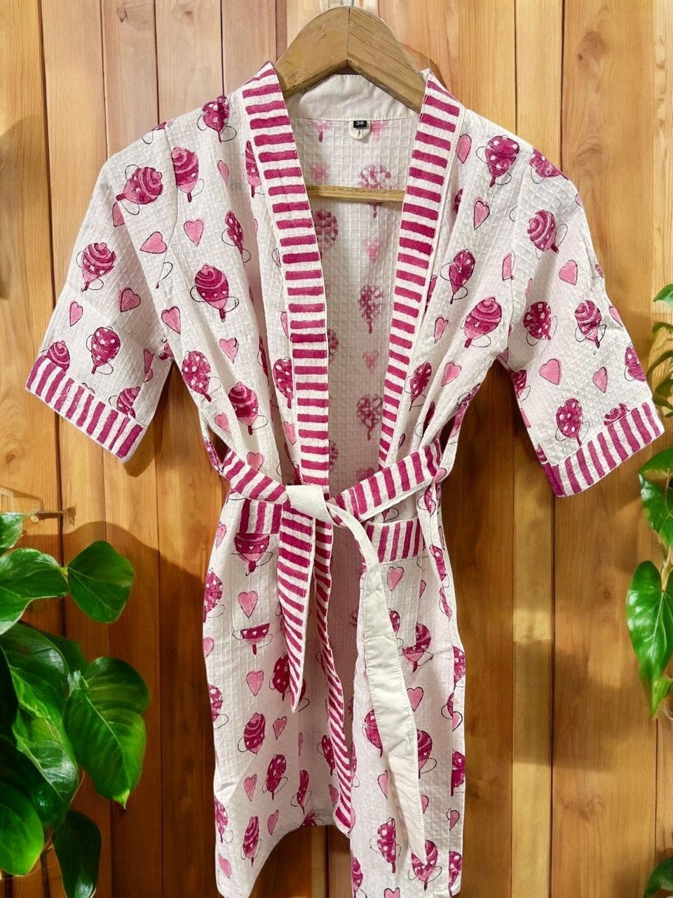 Hand Block Waffle Cotton Kids Bathrobe (Spin Top Print)