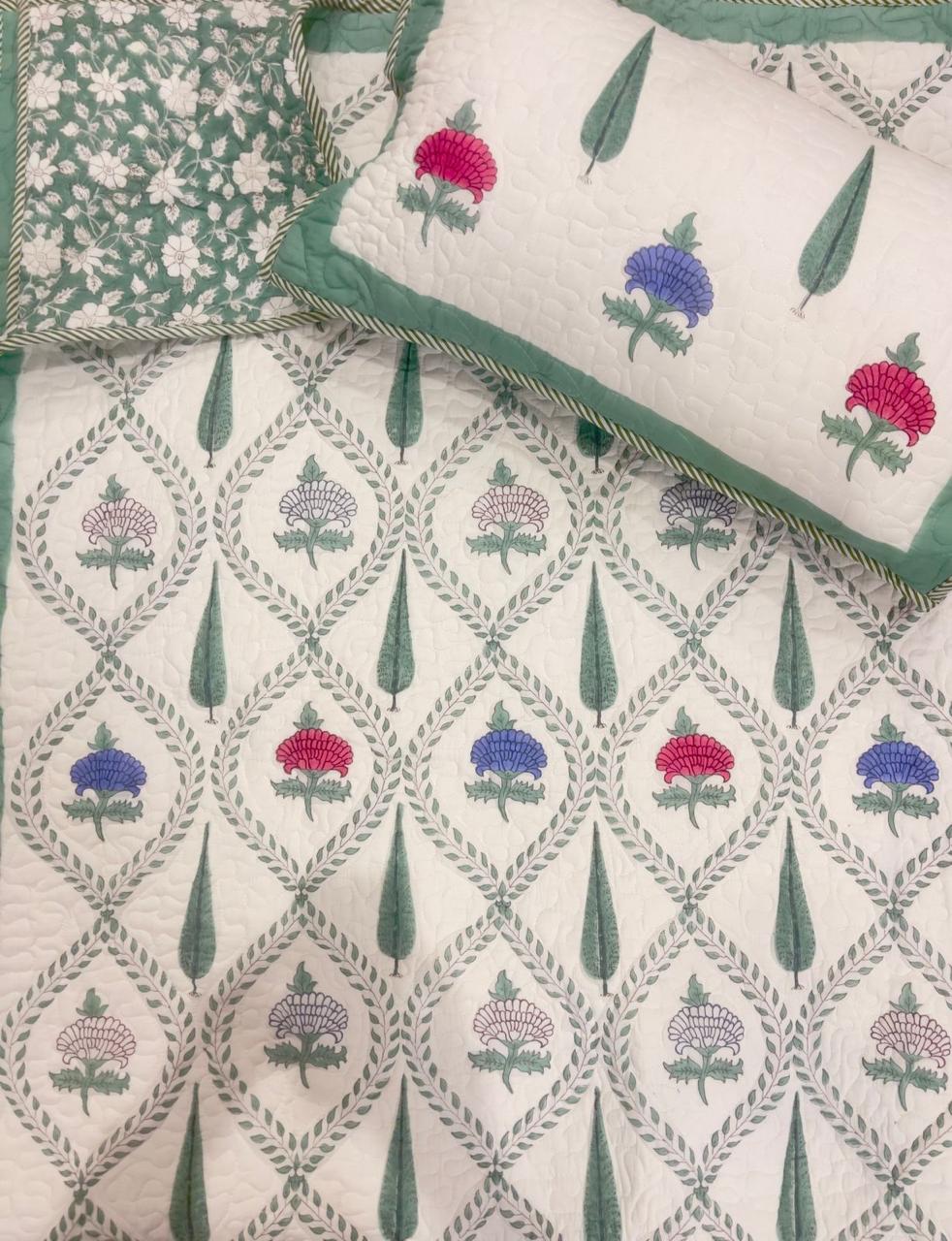 Hand Block Printed Quilted Bed Cover (Green Checks)