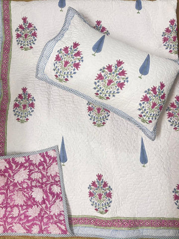 Hand Block Printed Quilted Bed Cover (Pink Flowers)