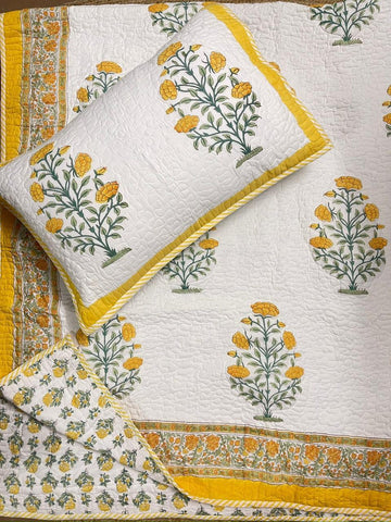 Hand Block Printed Quilted Bed Cover (Yellow Flowers)