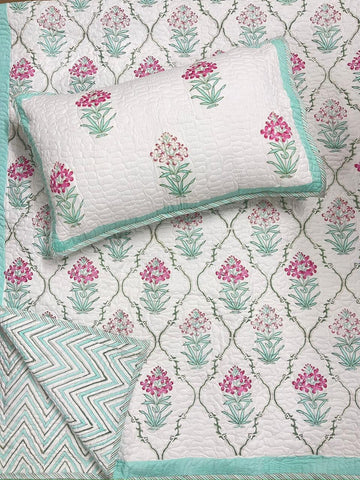 Hand Block Printed Quilted Bed Cover (Dark and light Pink flowers)