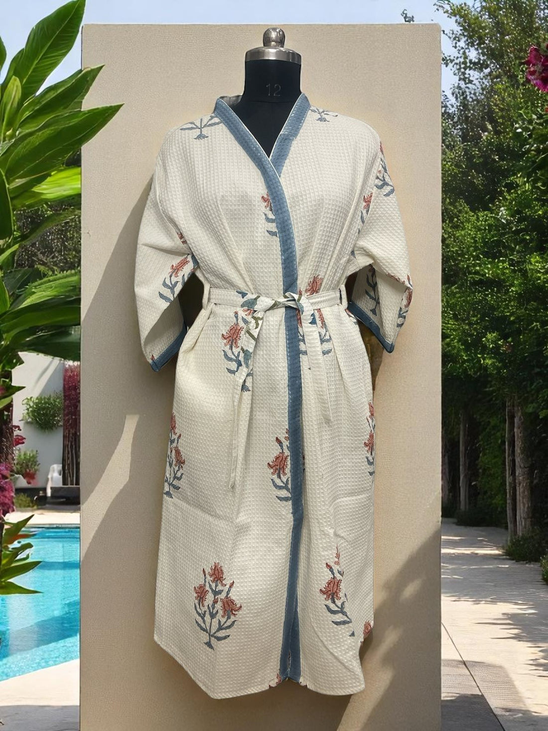 Hand Block Waffle Cotton Bathrobe