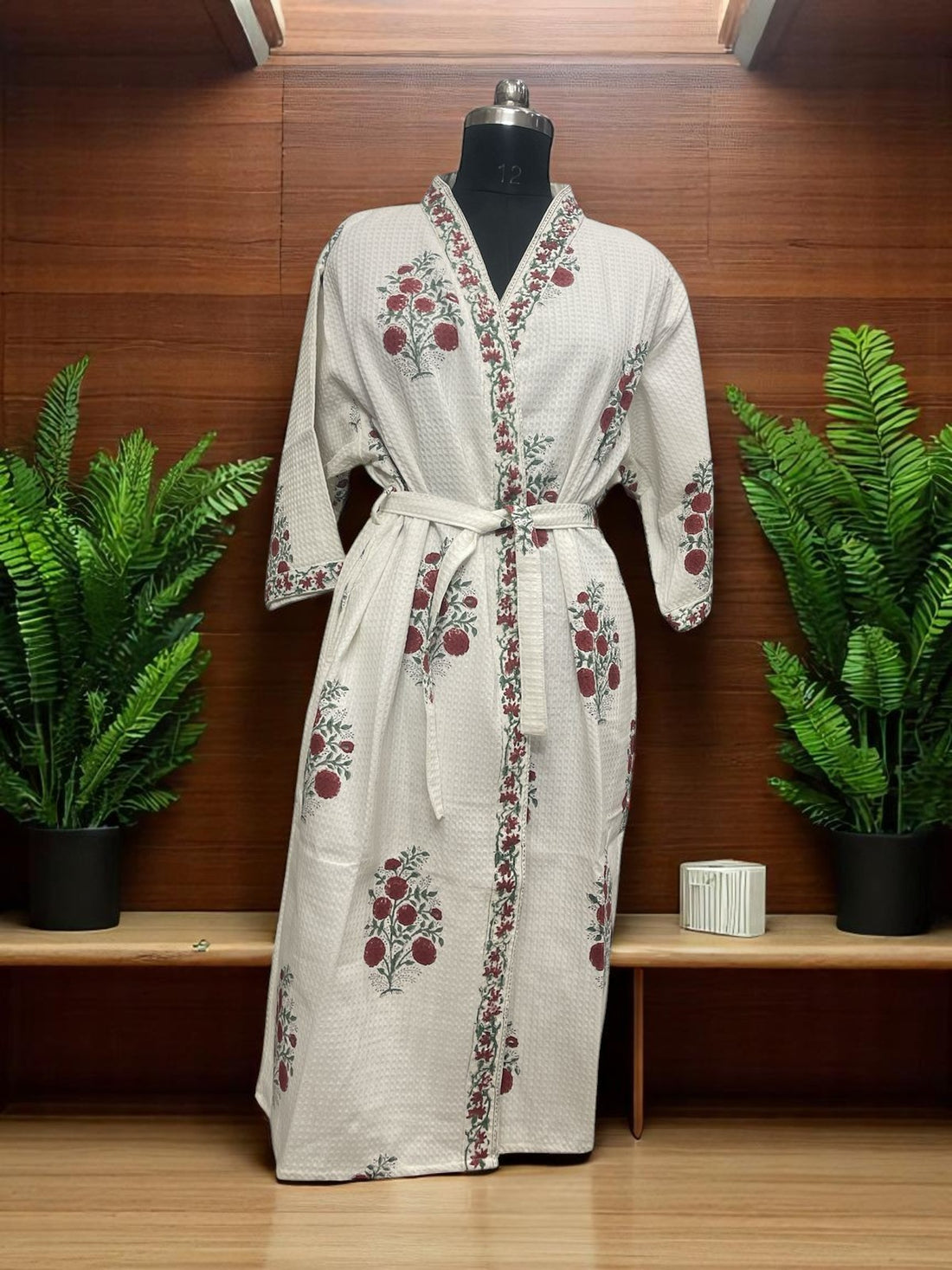 Hand Block Waffle Cotton Bathrobe