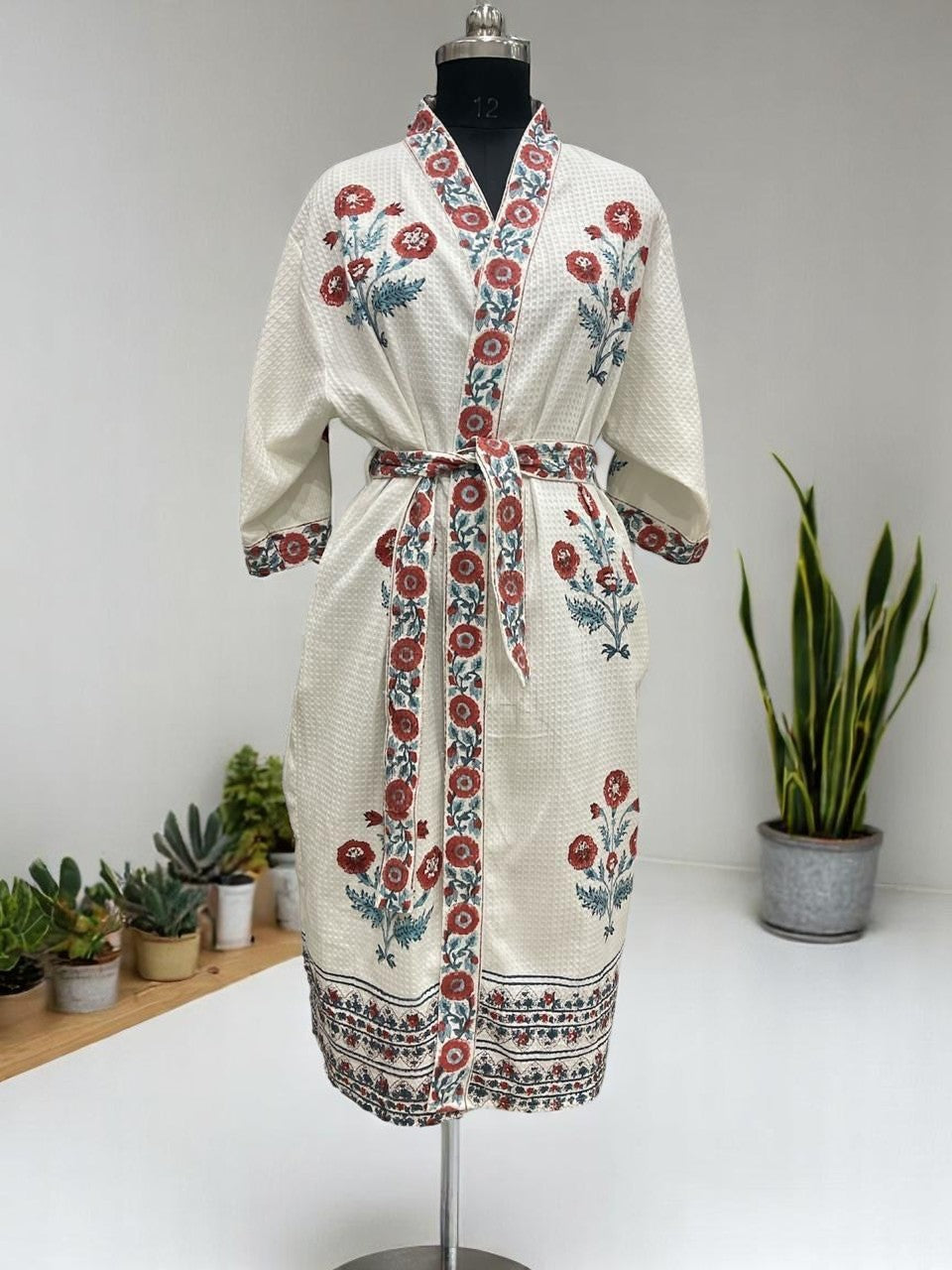Hand Block Waffle Cotton Bathrobe