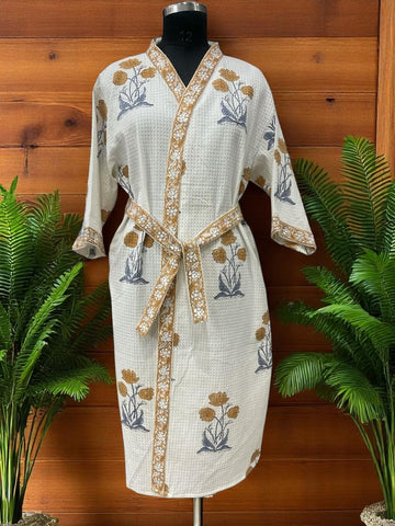 Hand Block Waffle Cotton Bathrobe