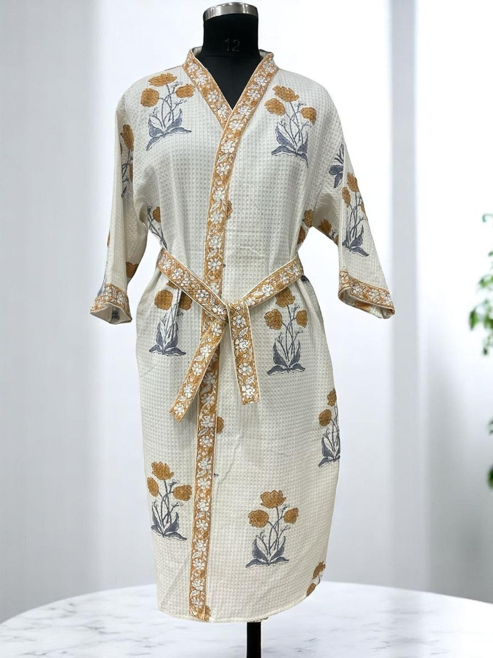 Hand Block Waffle Cotton Bathrobe