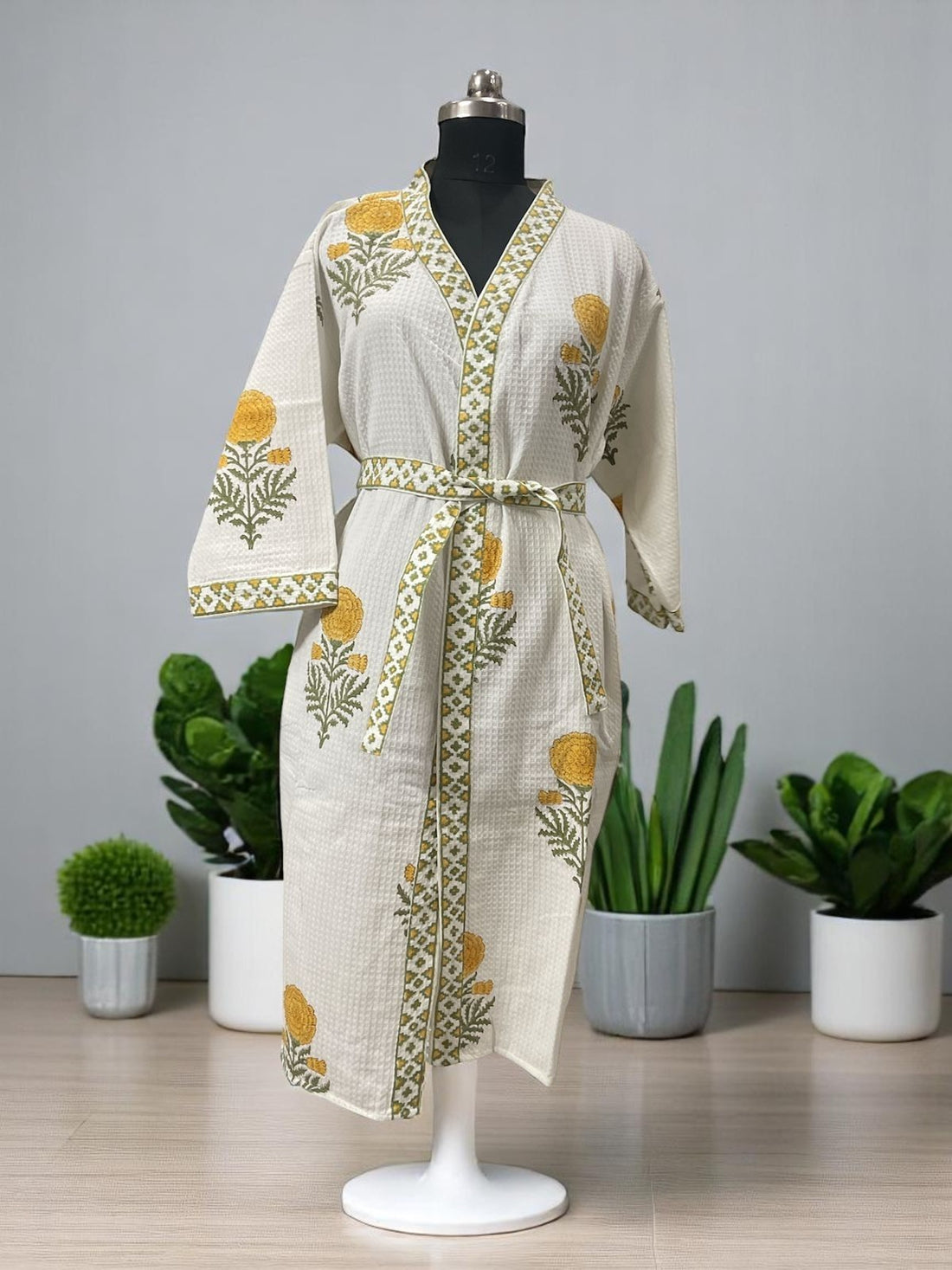 Hand Block Waffle Cotton Bathrobe