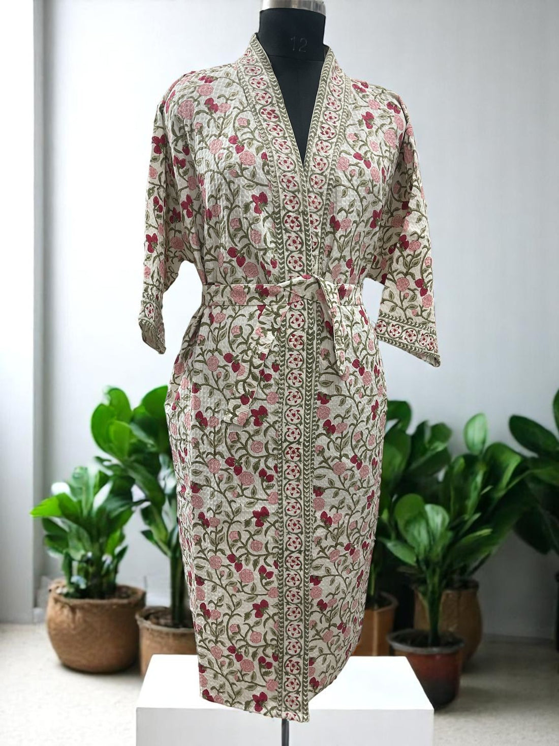 Hand Block Waffle Cotton Bathrobe