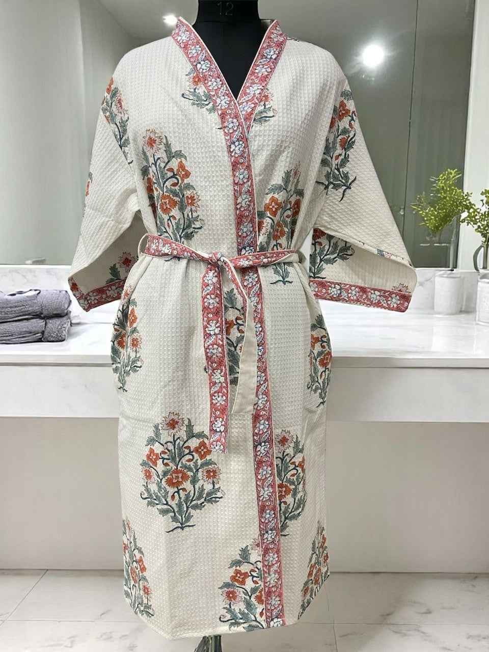 Hand Block Waffle Cotton Bathrobe