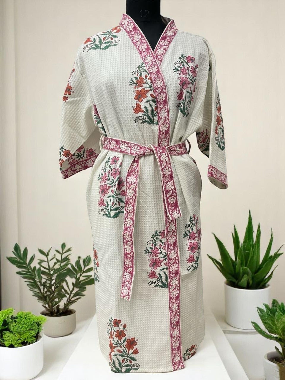 Hand Block Waffle Cotton Bathrobe
