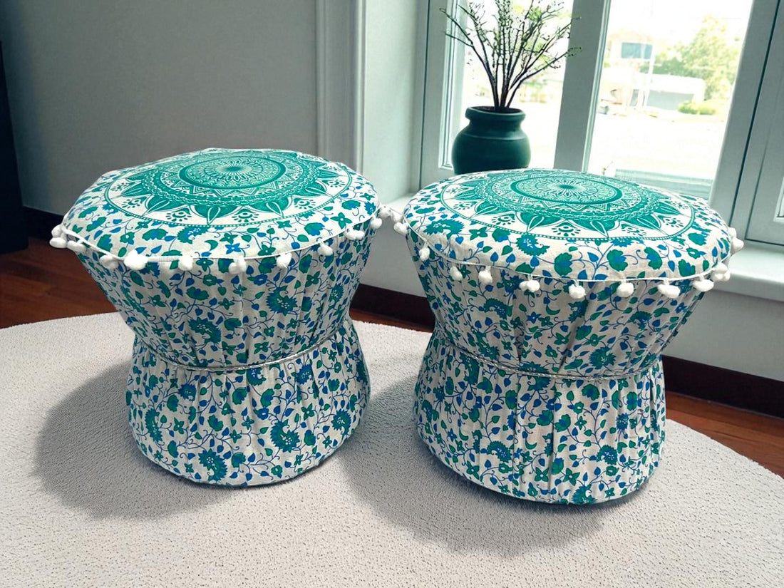 Rajasthani Mudda/Bamboo Traditional Style Stool Cover  - MD19 - Size 17x18 Inches (Set of 2 Pieces, Cover Only