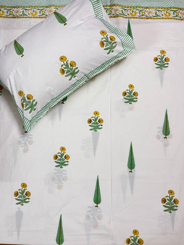 Hand Block Percale Cotton Premium King Size Bedsheet (Yellow Flower Green Tree)
