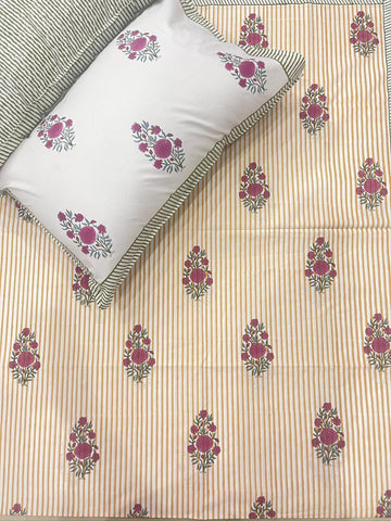 Hand Block Percale Cotton Premium King Size Bedsheet (Striped)