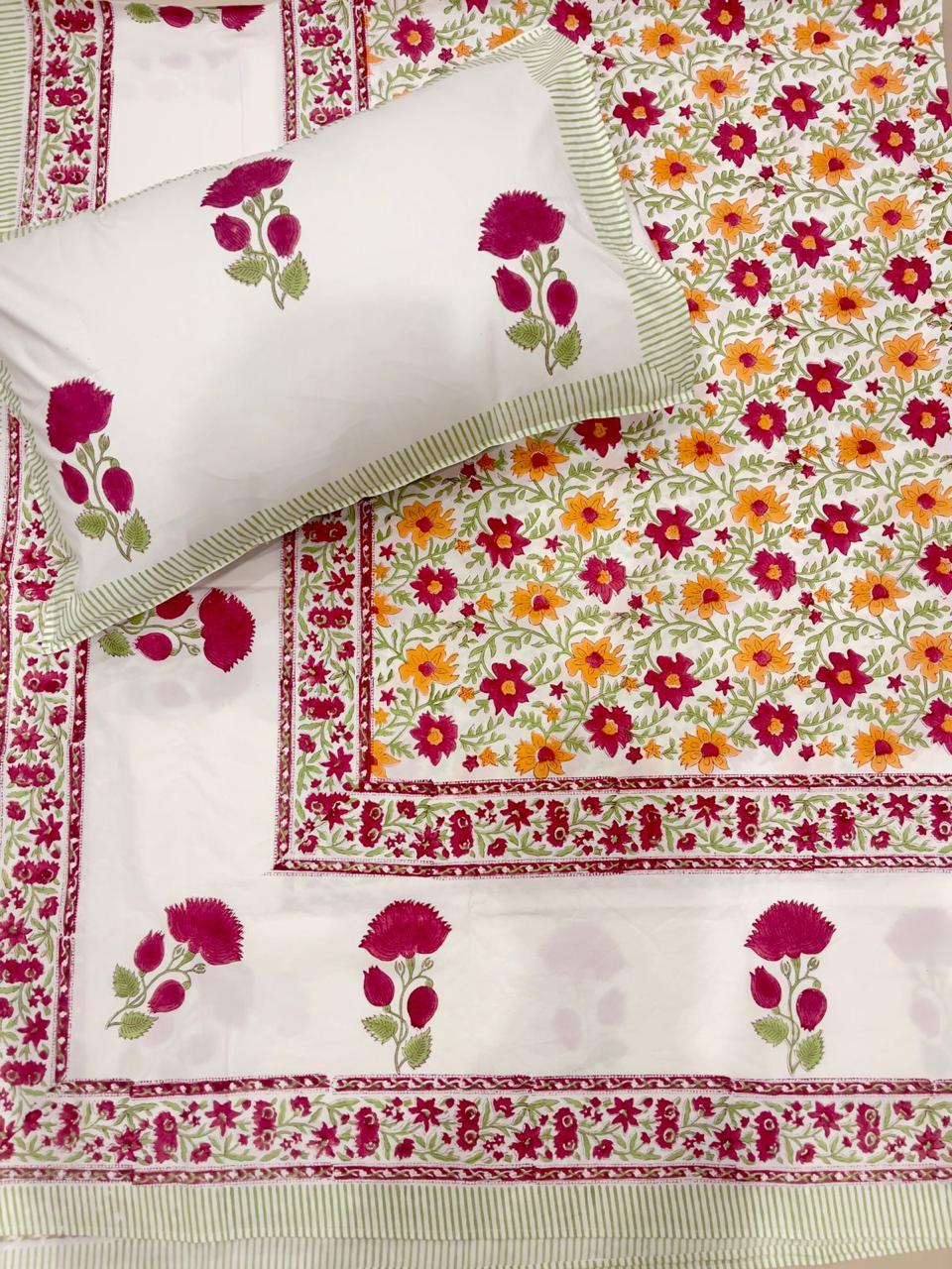 Hand Block Percale Cotton King Size Premium Bedsheet (Phool Jaal)