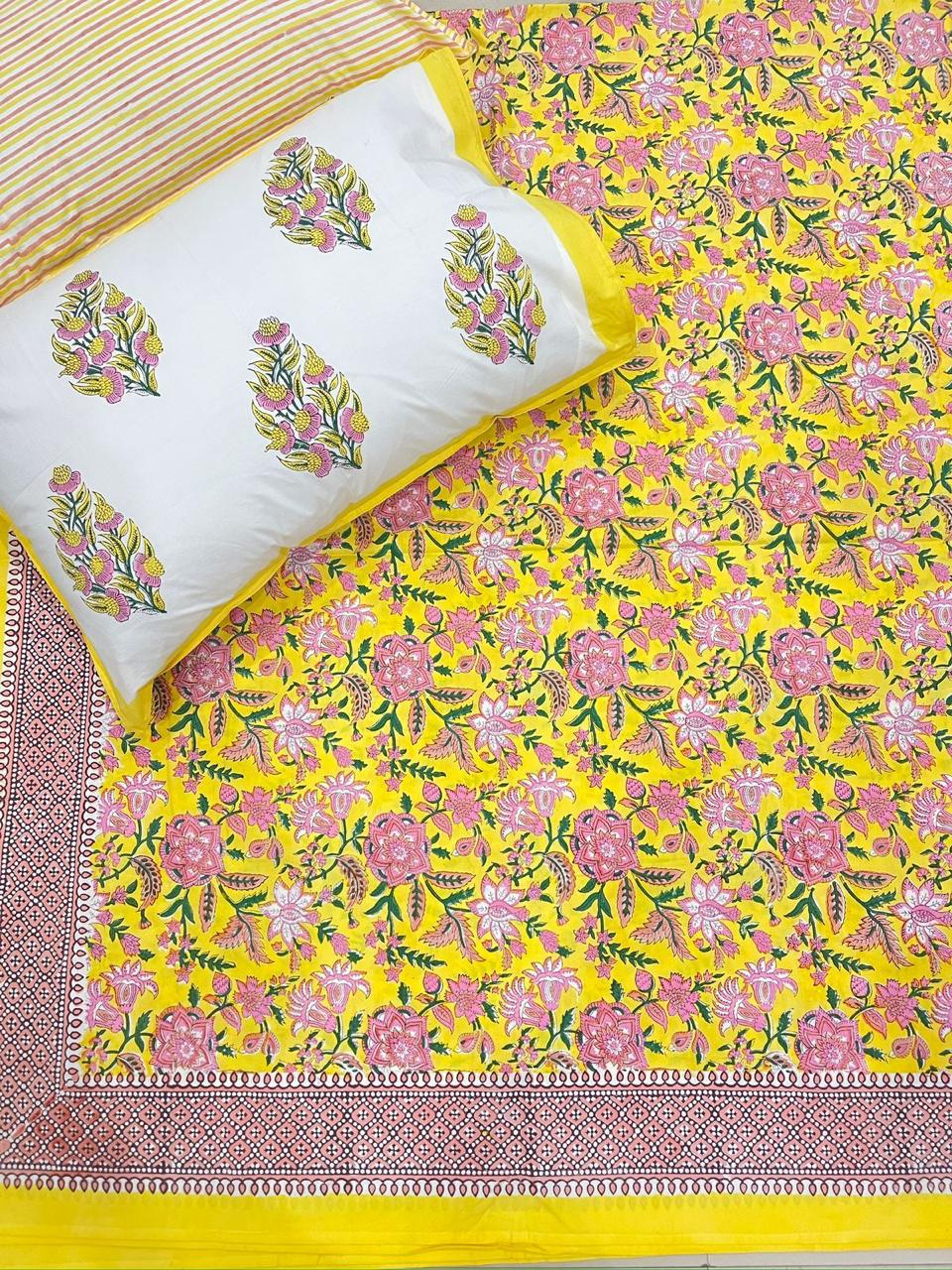 Hand Block Percale Cotton Premium King Size Bedsheet (Peela Gulabi)